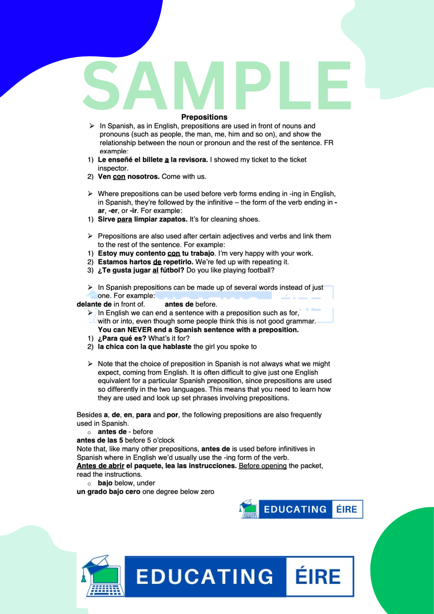 Spanish: Written Notes Pack